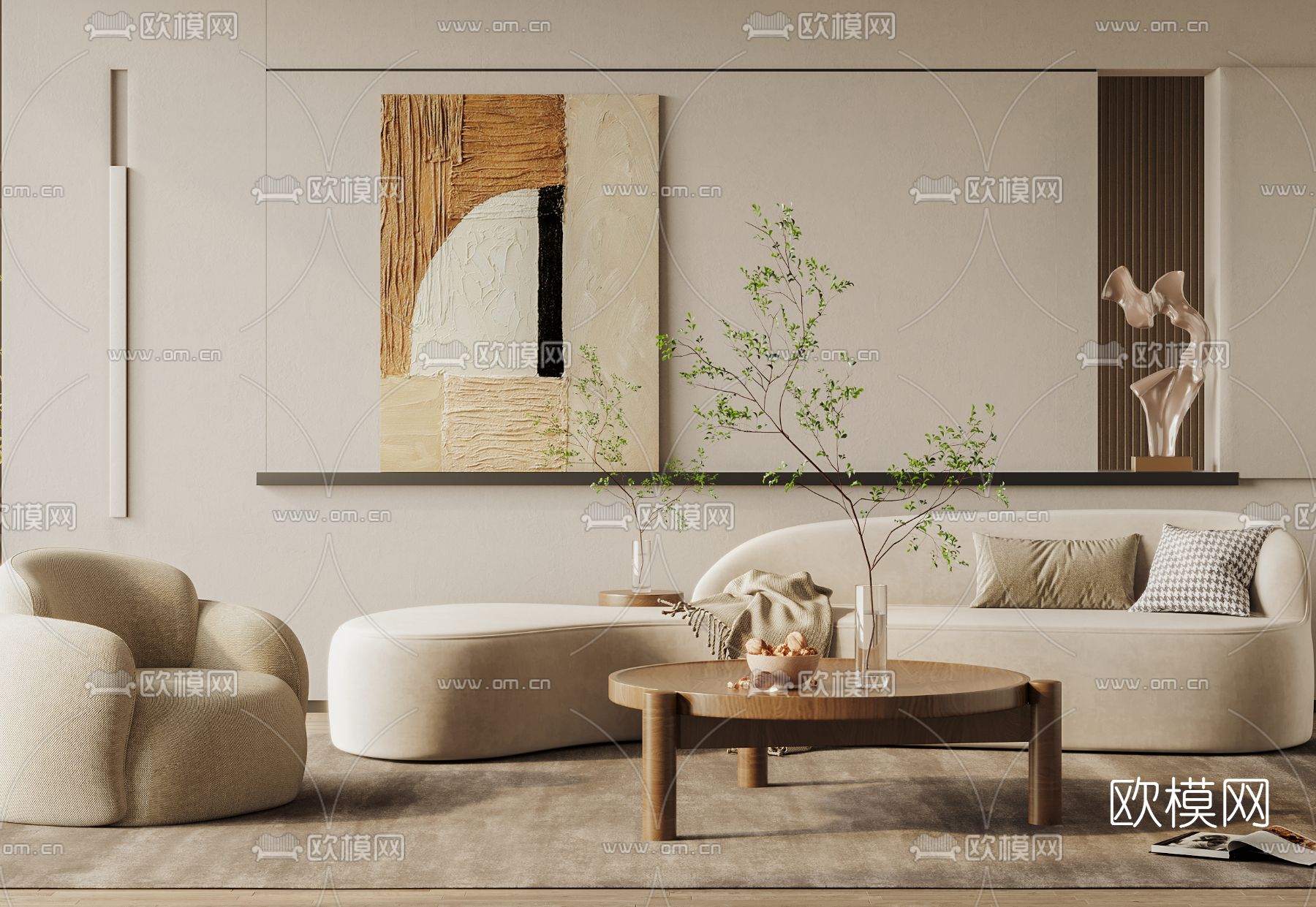 侘寂布艺弧形沙发组合3d模型下载（渲染图2）