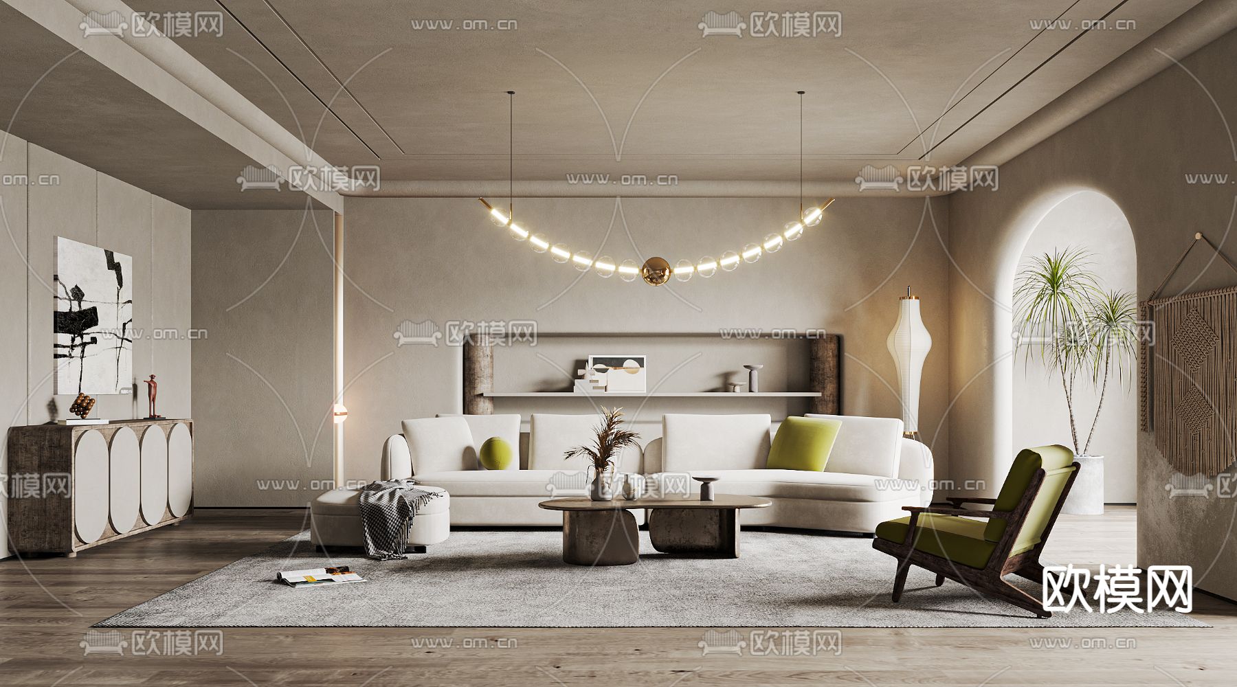 侘寂布艺弧形沙发组合3d模型下载（渲染图1）