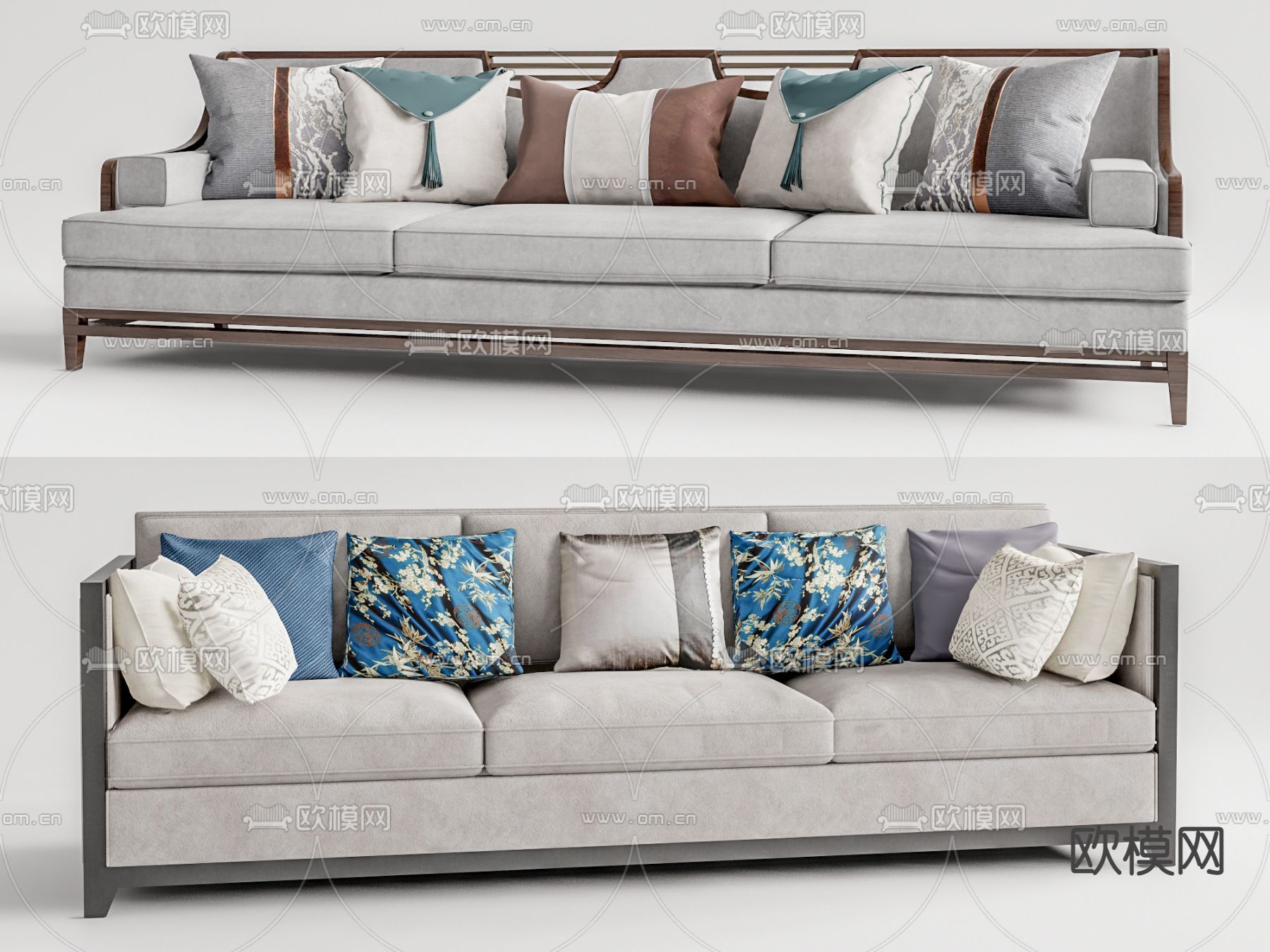 新中式布艺多人沙发su模型下载（渲染图1）