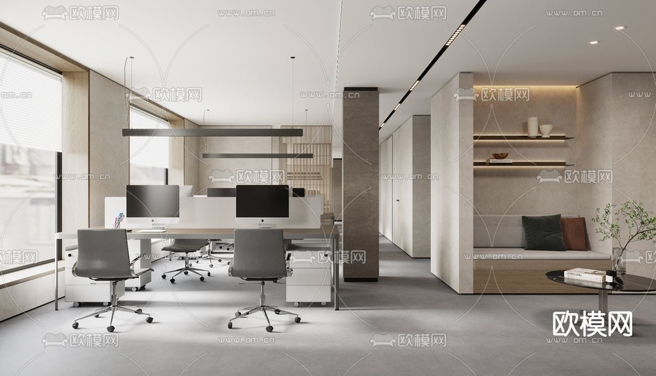 现代敞开式办公区3d模型下载(渲染图4)