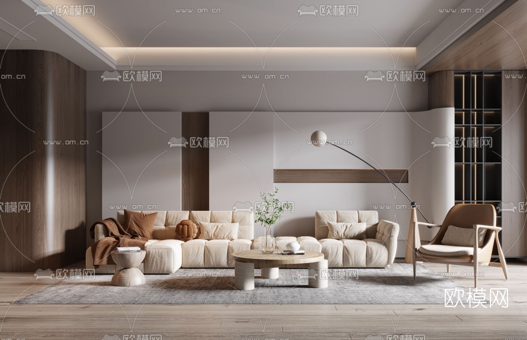 侘寂布艺转角沙发组合3d模型下载