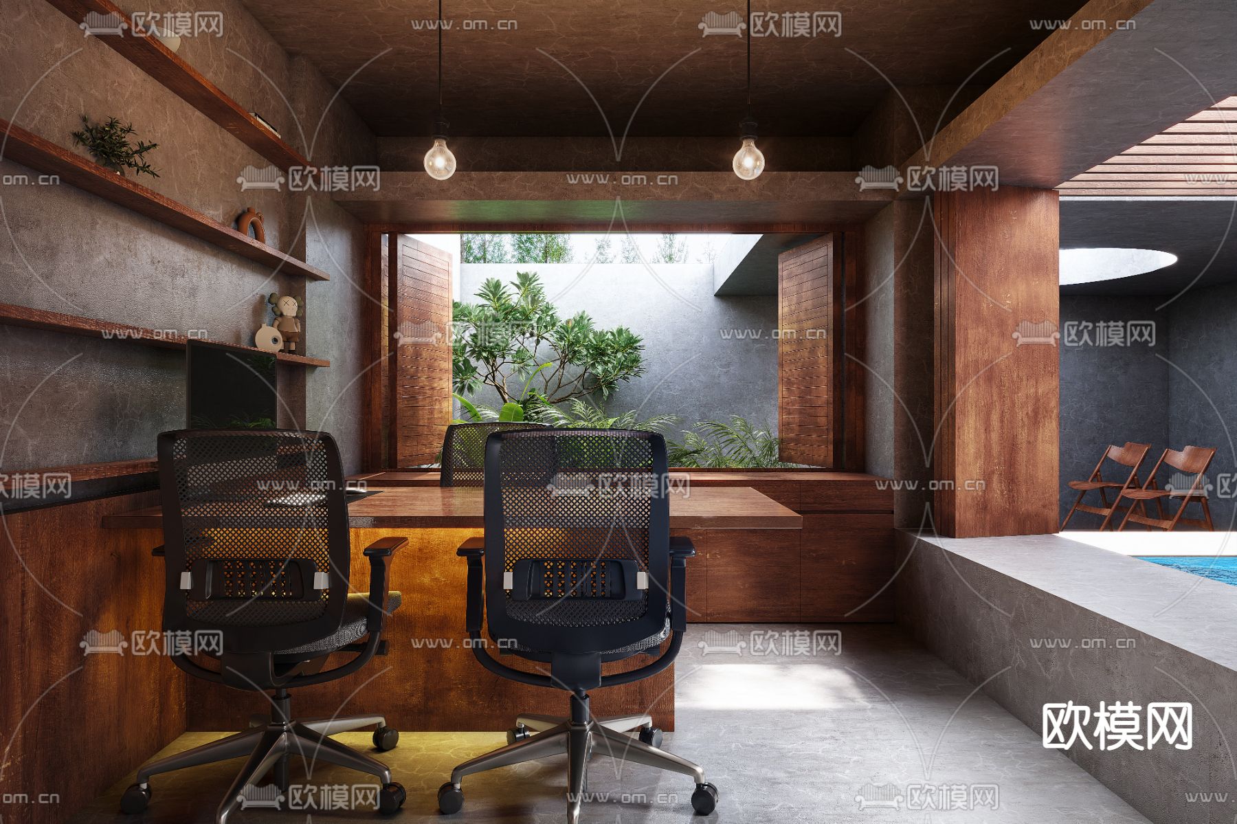 侘寂总经理办公室3d模型下载（渲染图1）