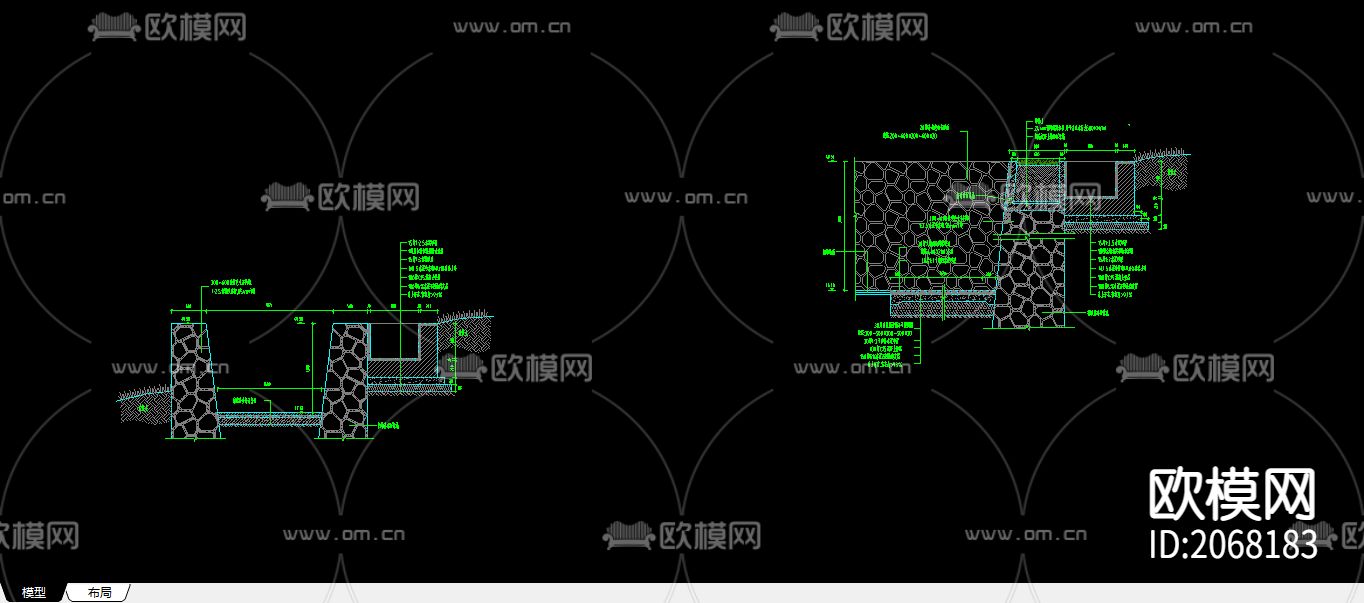 毛石挡墙大样CAD图下载（渲染图1）