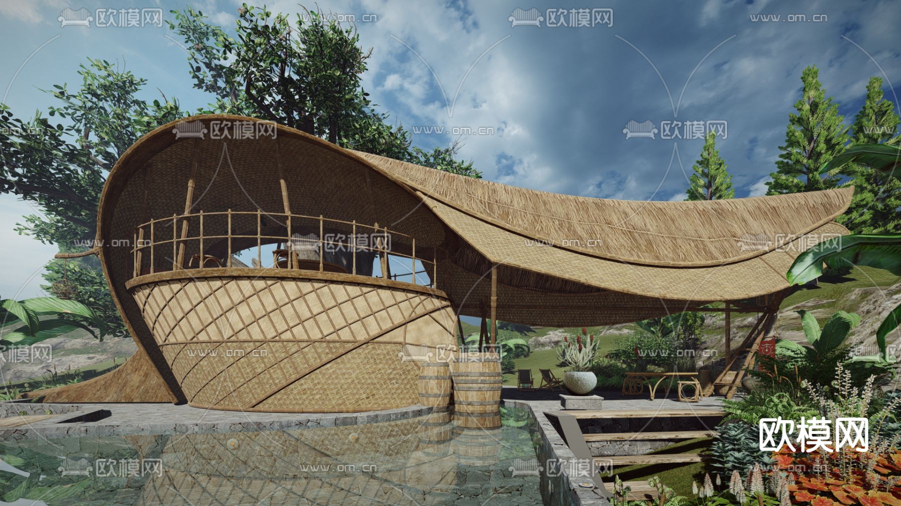 现代鸟巢民宿酒店su模型下载（渲染图1）