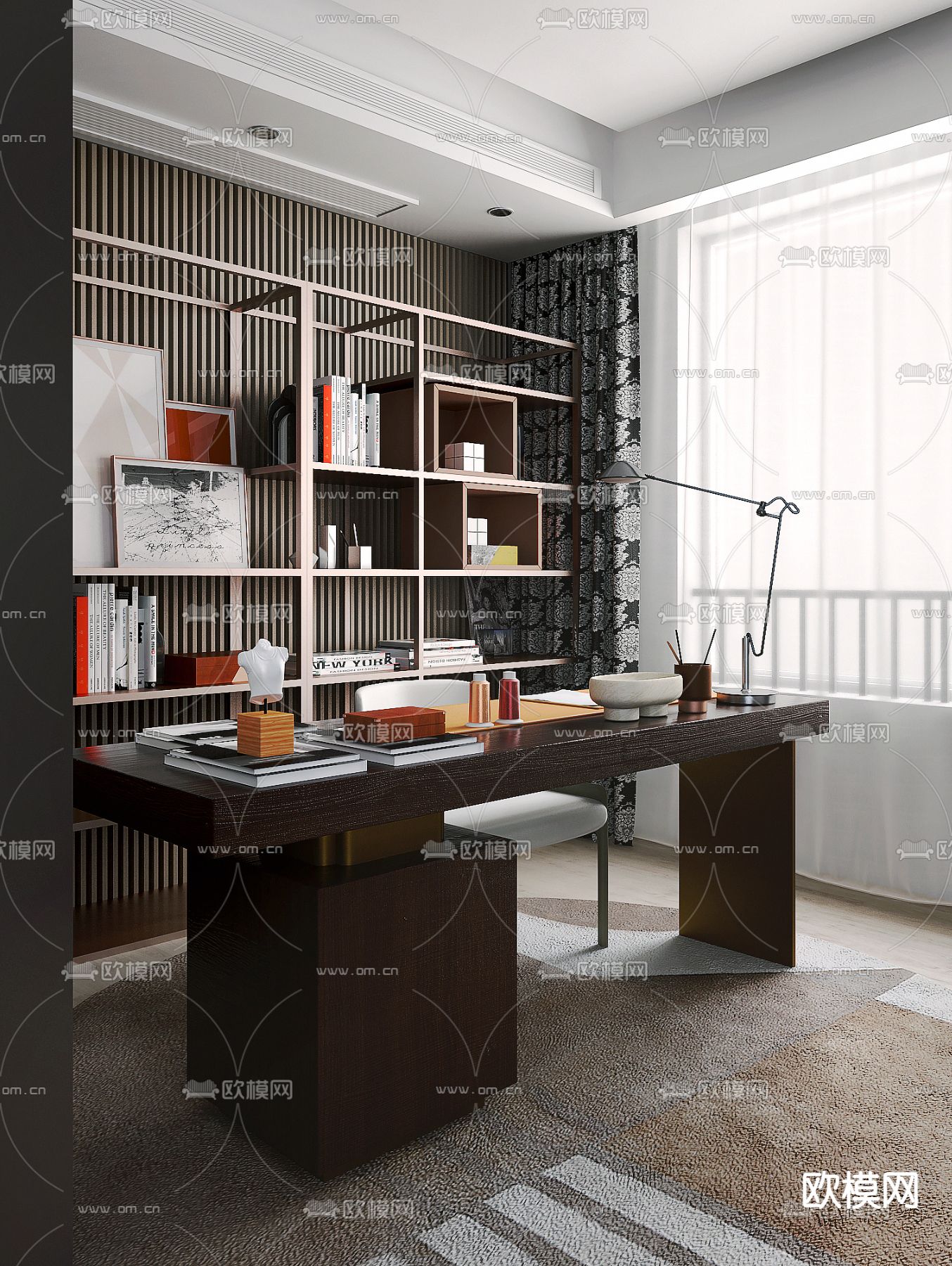 石间设计 现代书房3d模型下载（渲染图1）