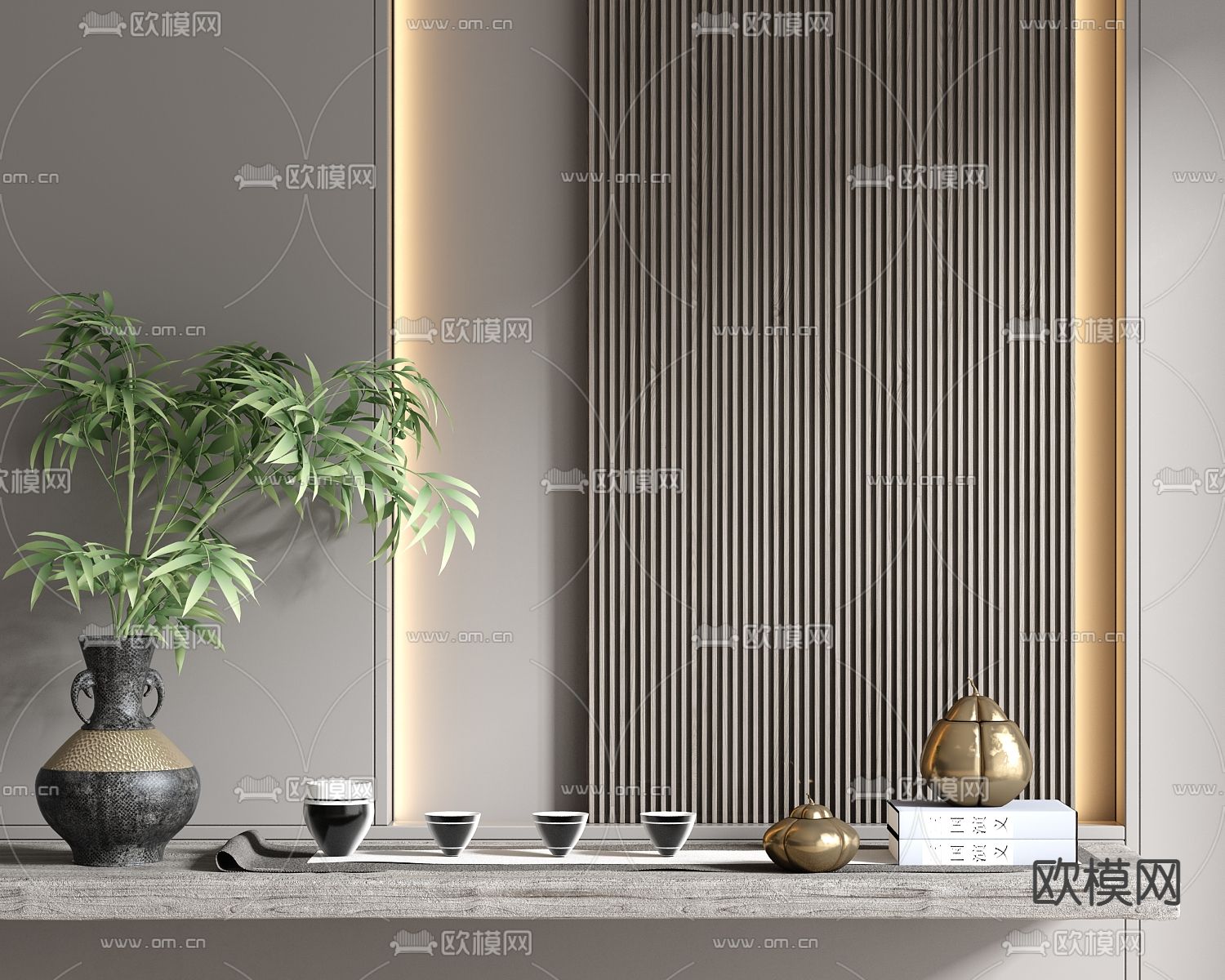 新中式茶杯茶具su模型下载（渲染图1）