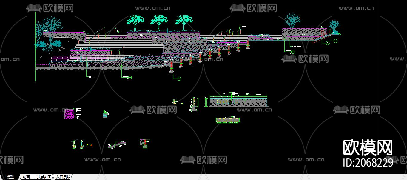 扶手景墙CAD施工图下载（渲染图1）