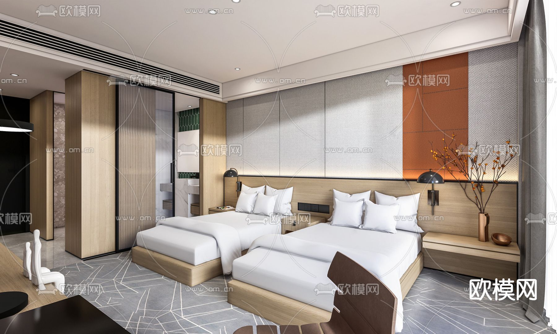 新中式酒店客房su模型下载（渲染图1）