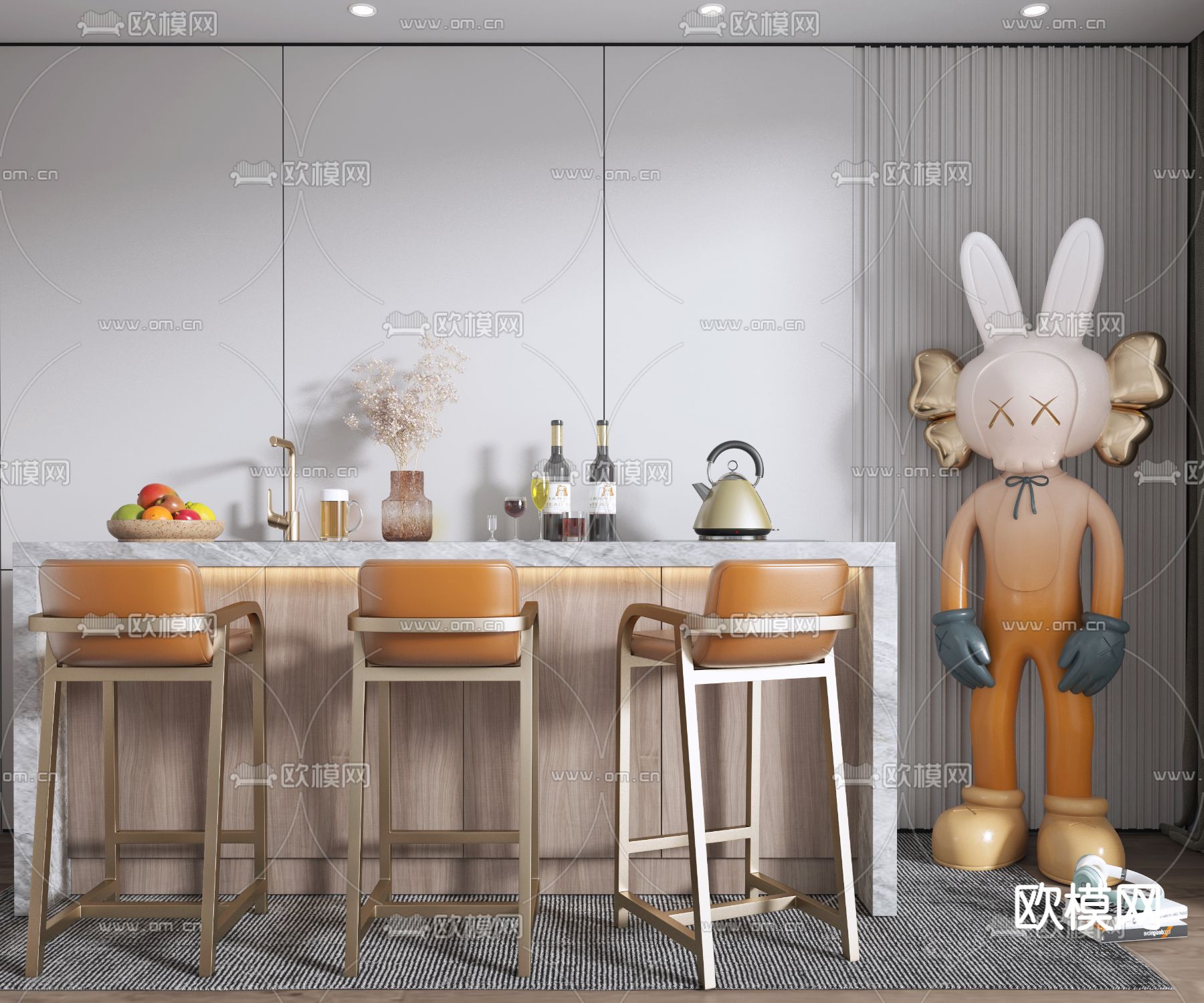 现代大理石吧台吧椅3d模型下载（渲染图1）