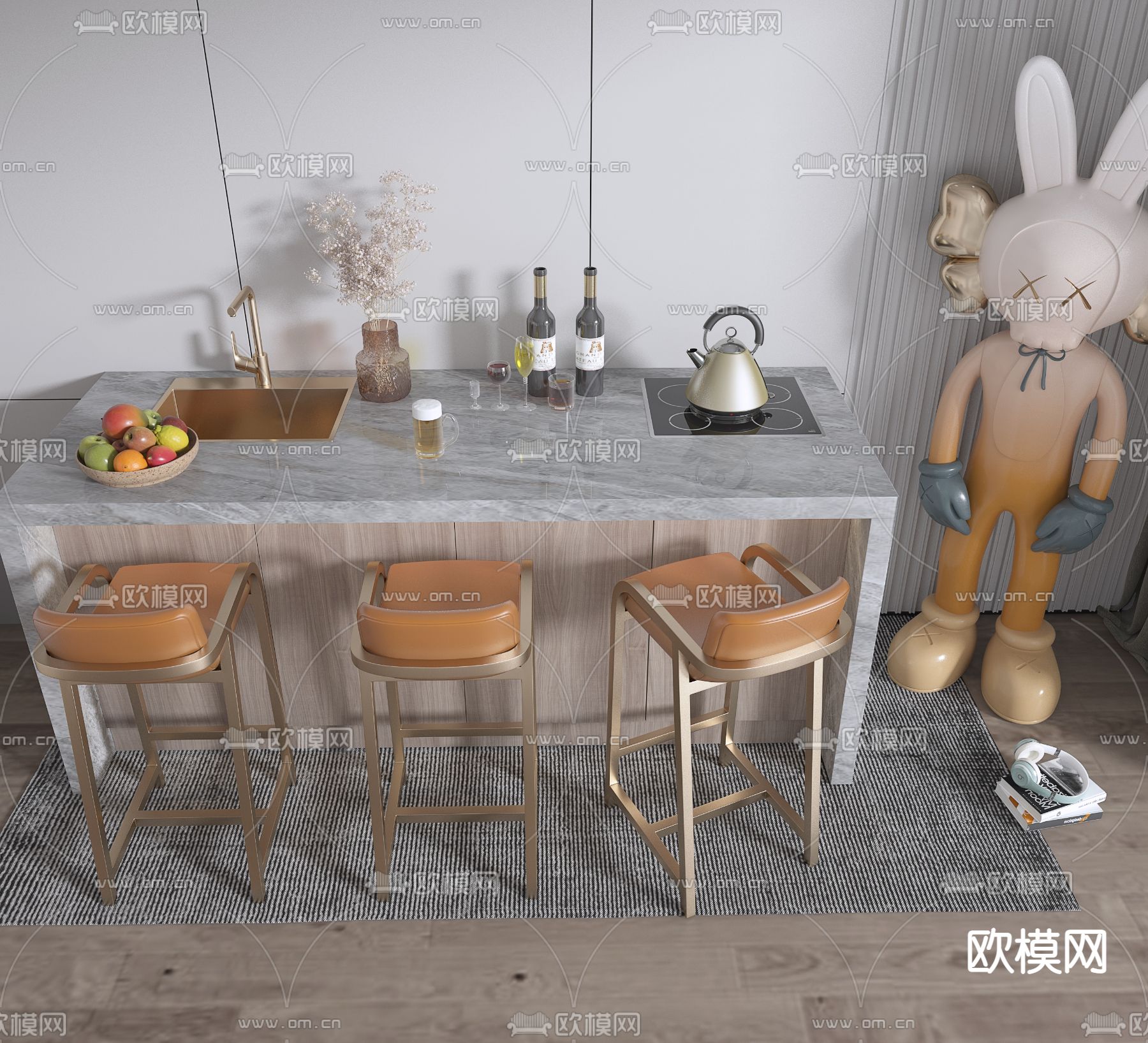 现代大理石吧台吧椅3d模型下载（渲染图3）