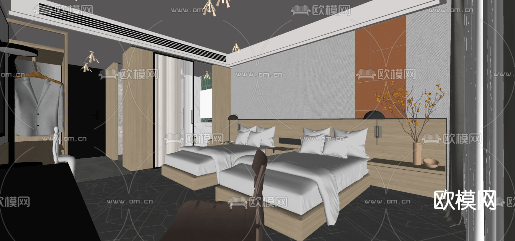 新中式酒店客房su模型下载（渲染图2）