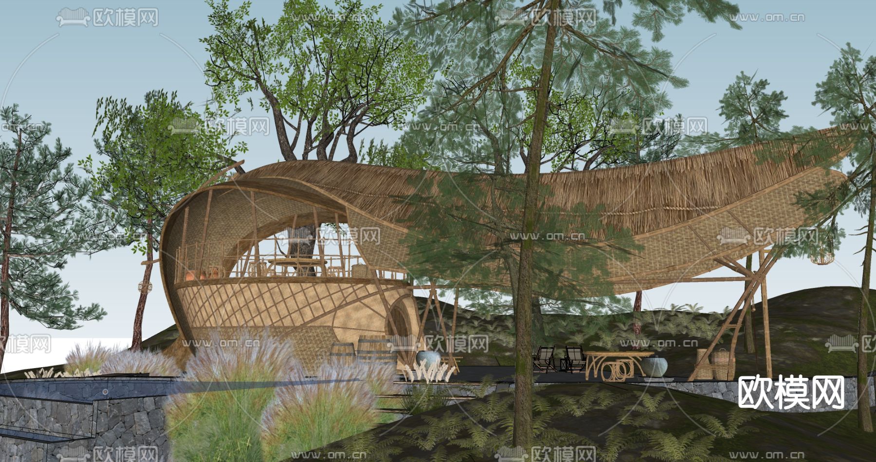 现代鸟巢民宿酒店su模型下载（渲染图3）