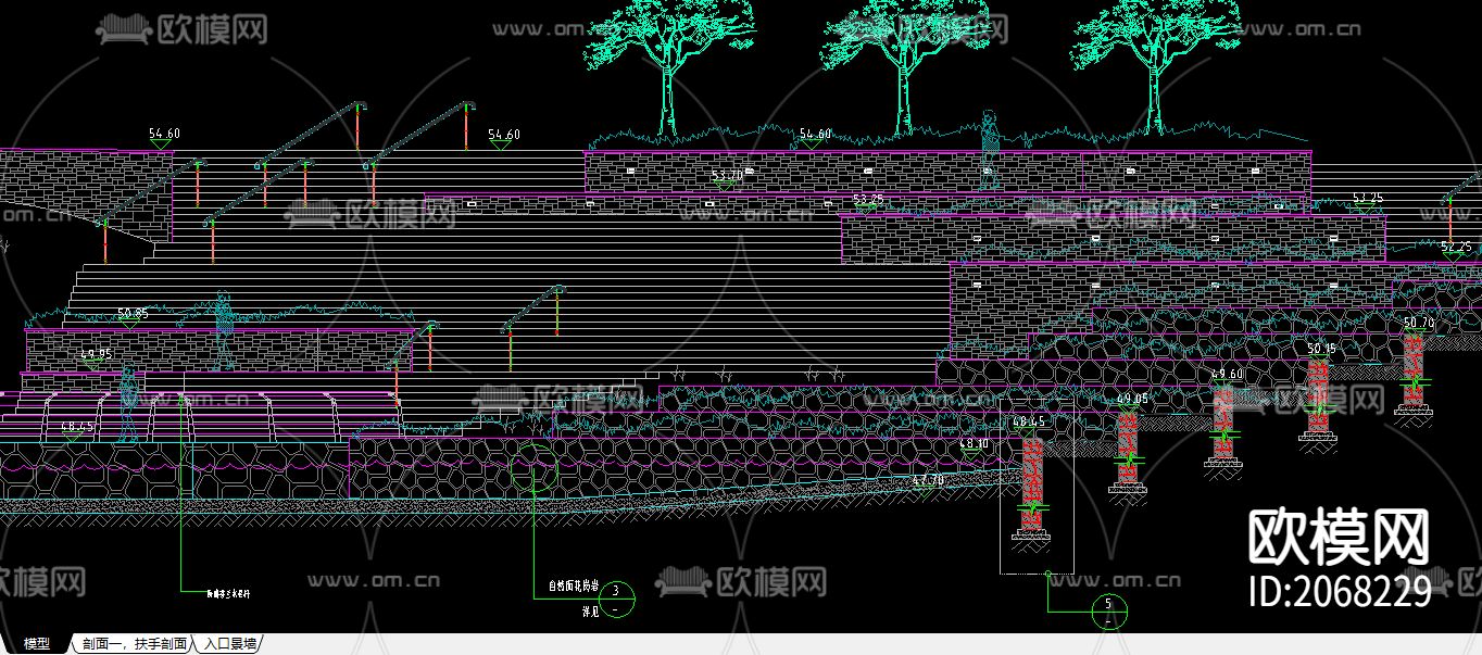 扶手景墙CAD施工图下载（渲染图2）