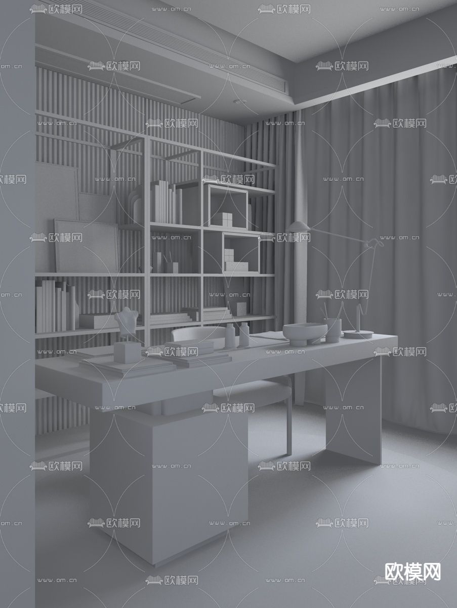 石间设计 现代书房3d模型下载（渲染图2）