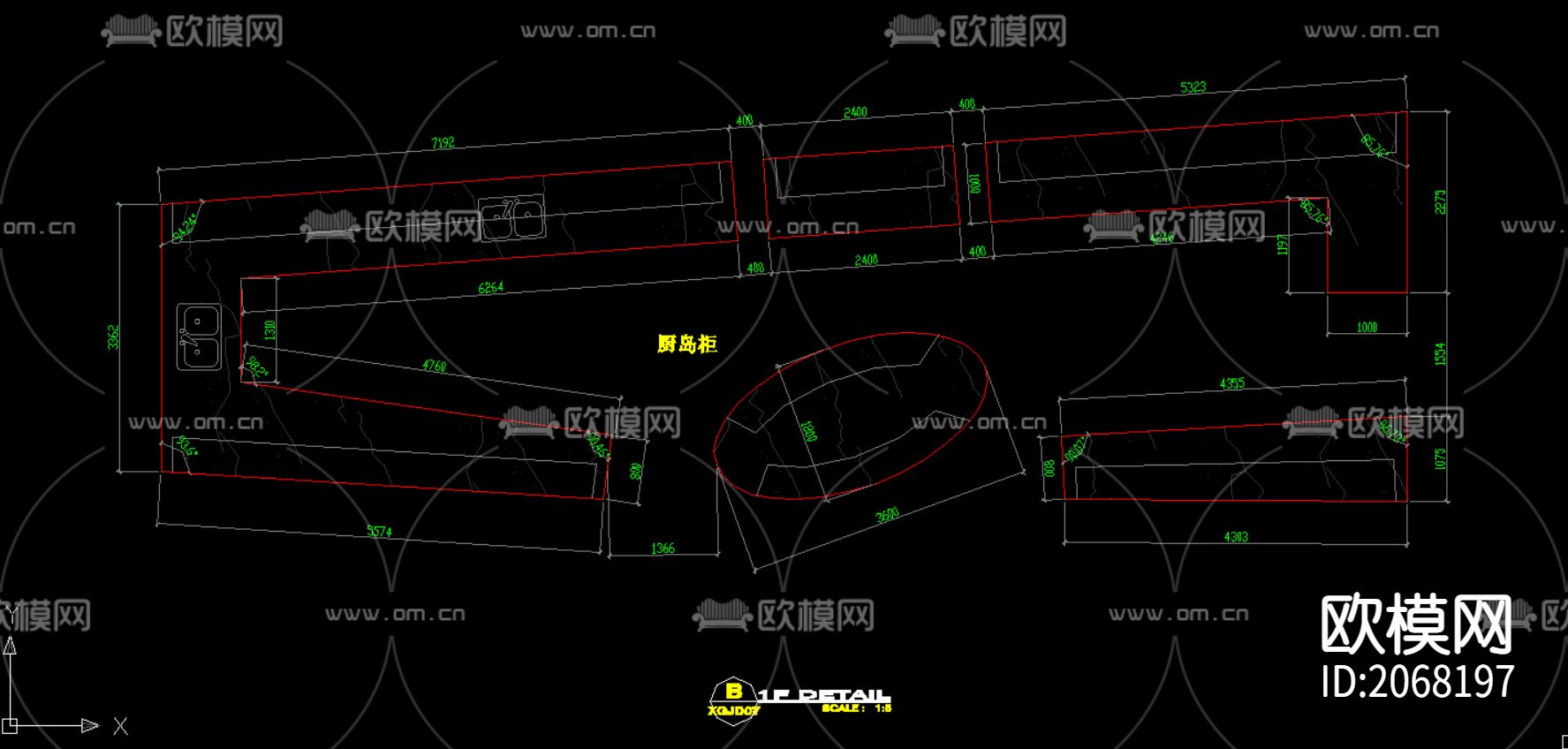 厨房岛柜施工CAD图下载（渲染图2）