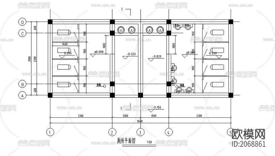 公園廁所CAD施工圖下載(渲染圖1)