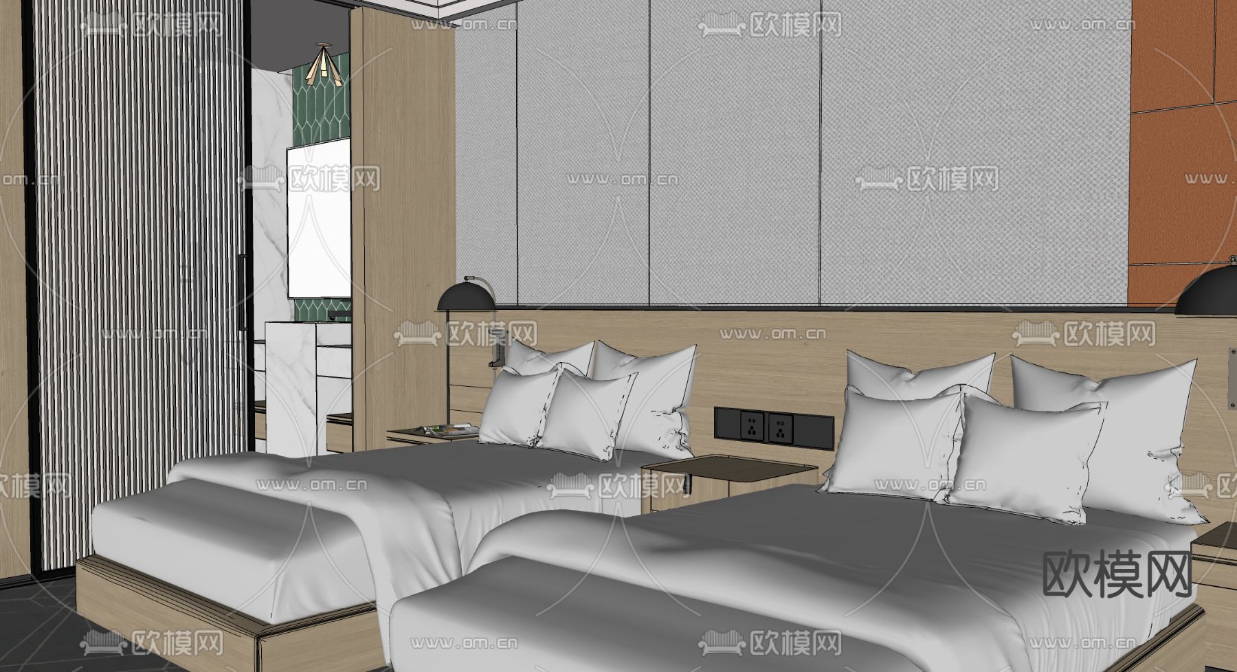 新中式酒店客房su模型下载（渲染图3）