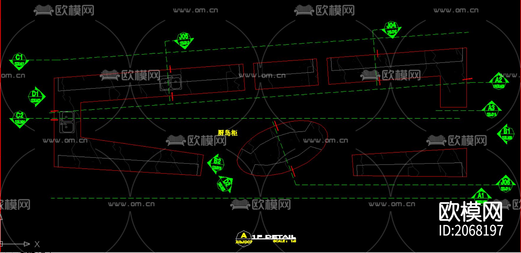 厨房岛柜施工CAD图下载（渲染图3）