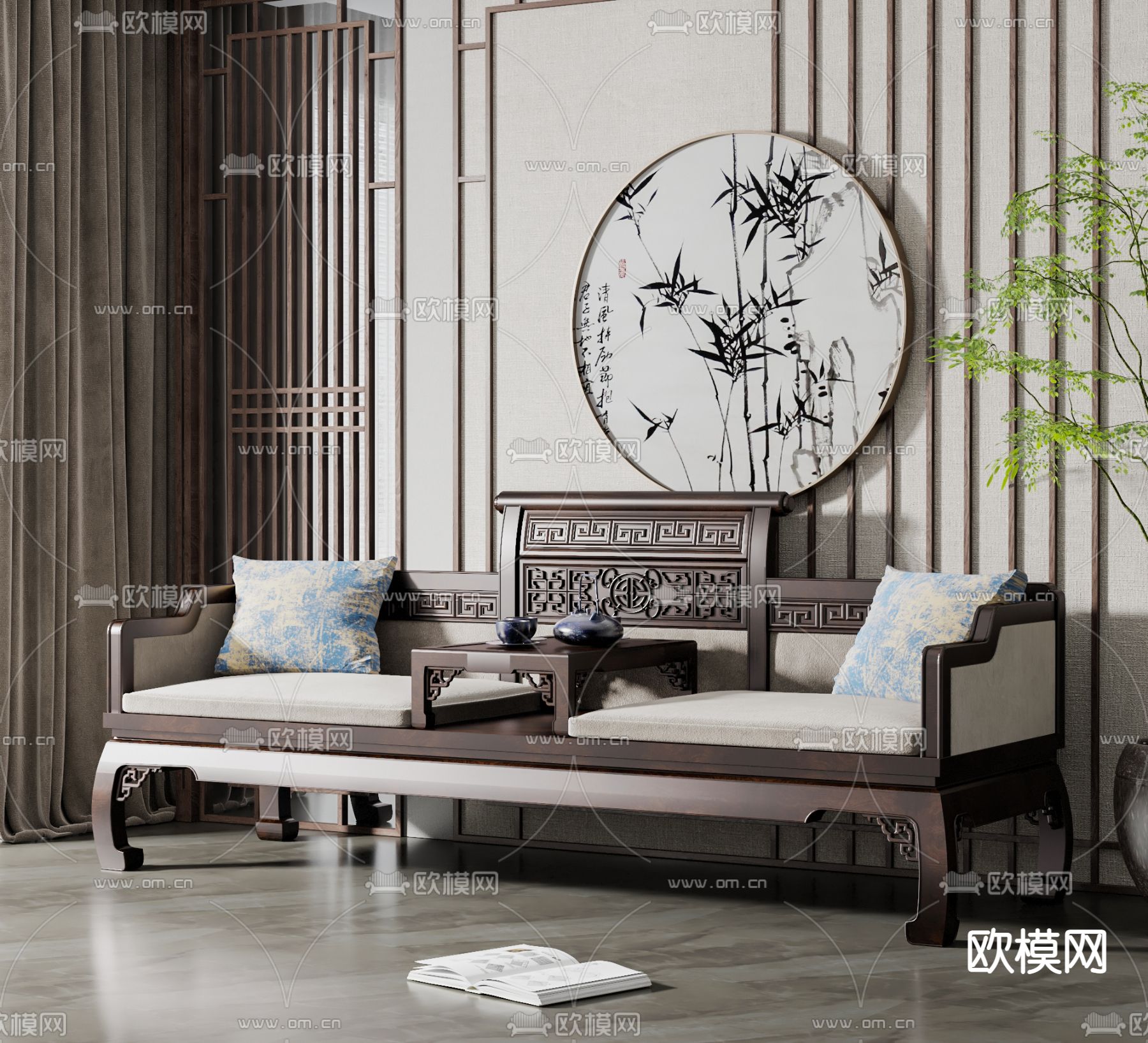 新中式实木罗汉床3d模型下载