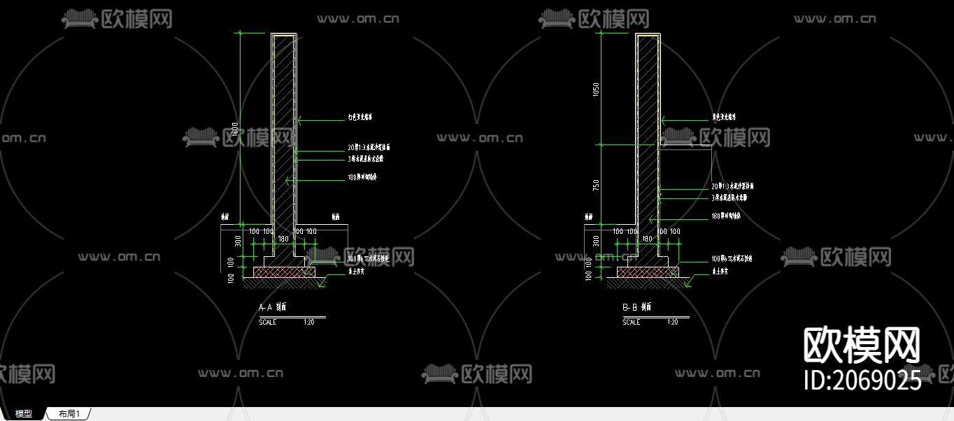 景观墙CAD施工图下载（渲染图2）