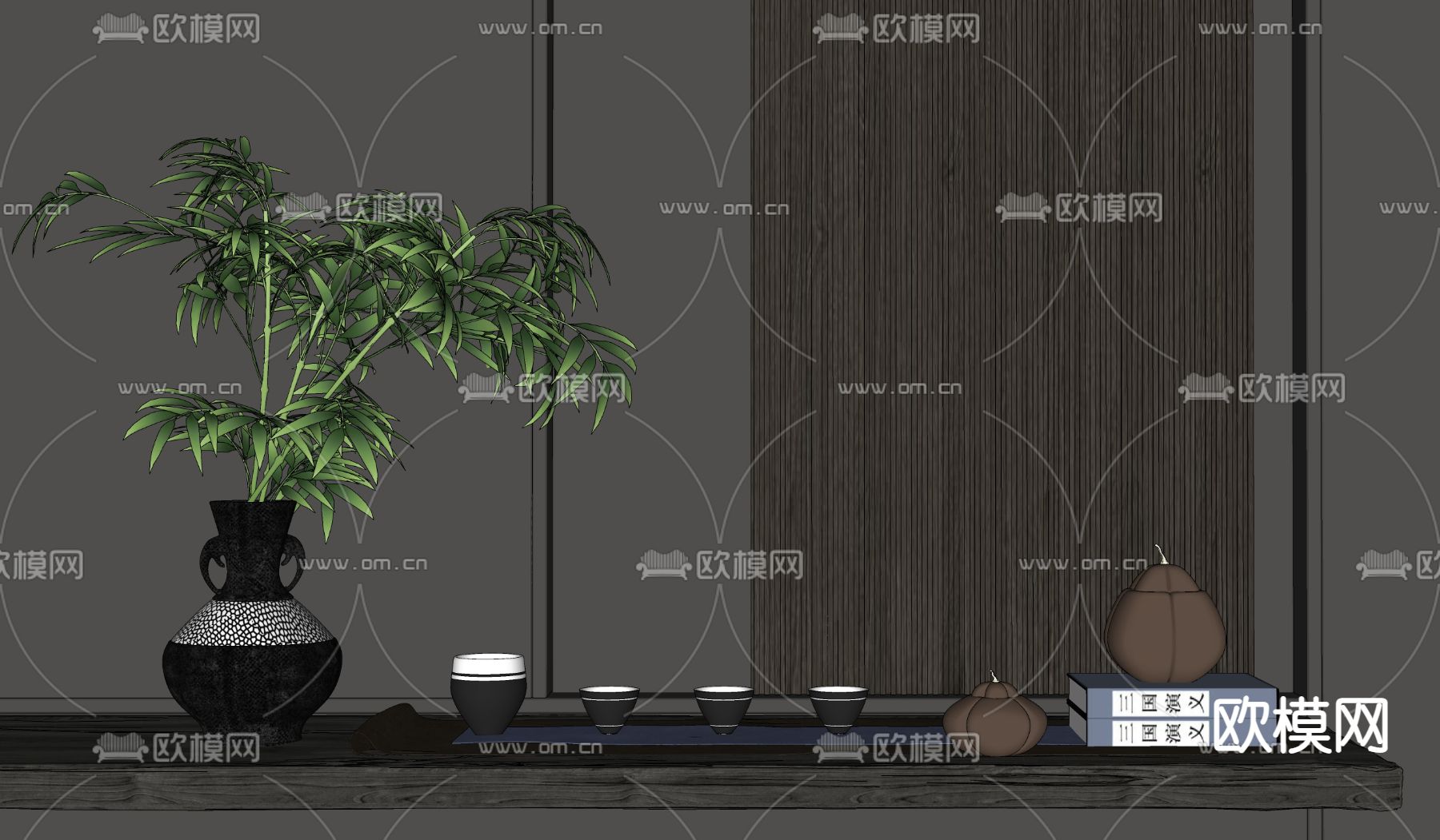 新中式茶杯茶具su模型下载（渲染图2）