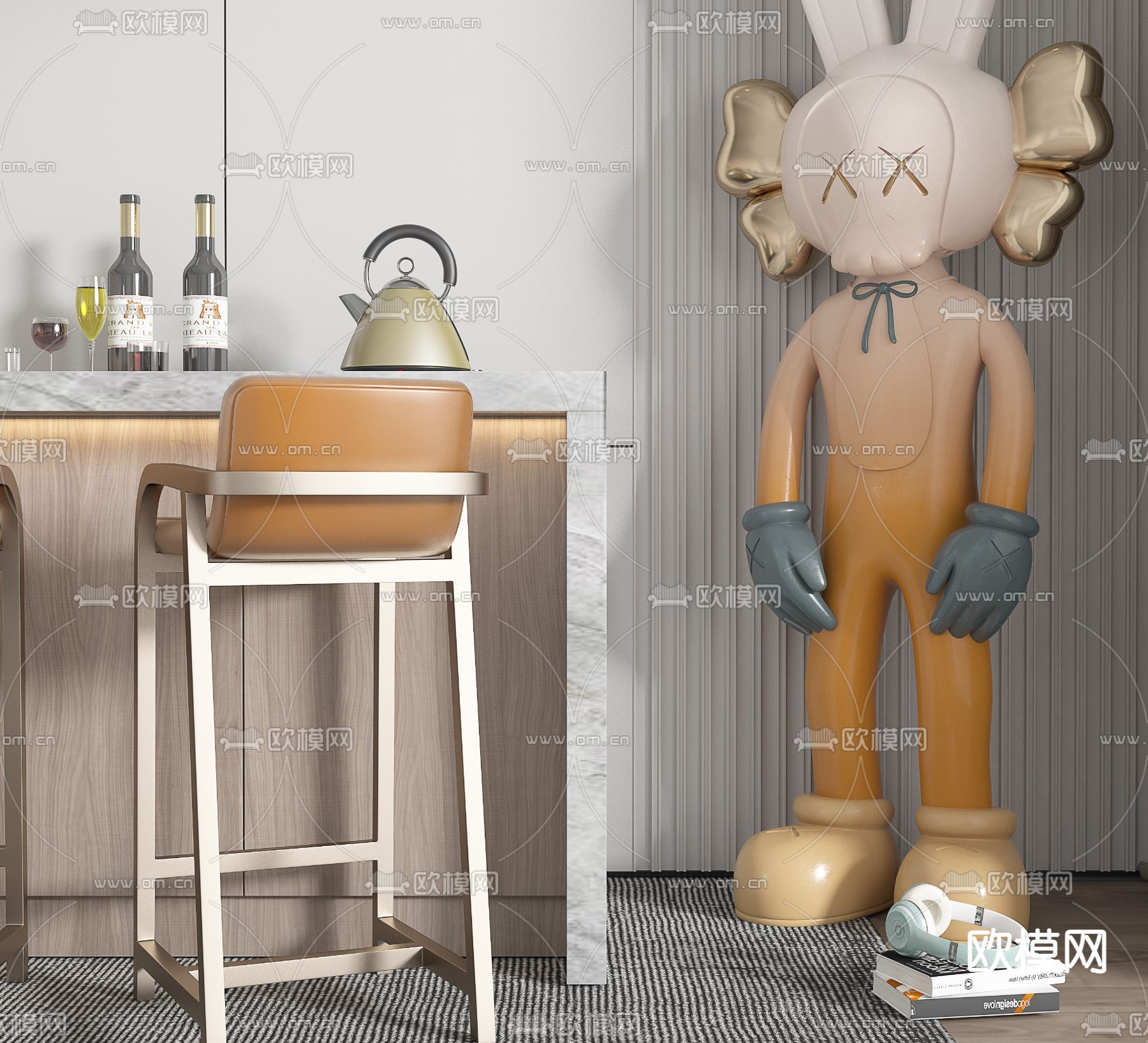 现代大理石吧台吧椅3d模型下载（渲染图2）