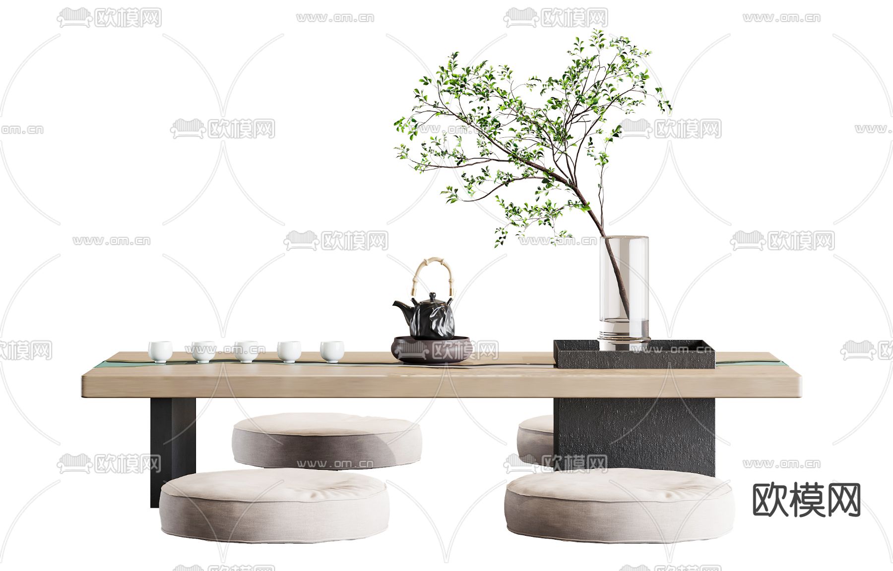 新中式榻榻米茶桌椅3d模型下载（渲染图2）