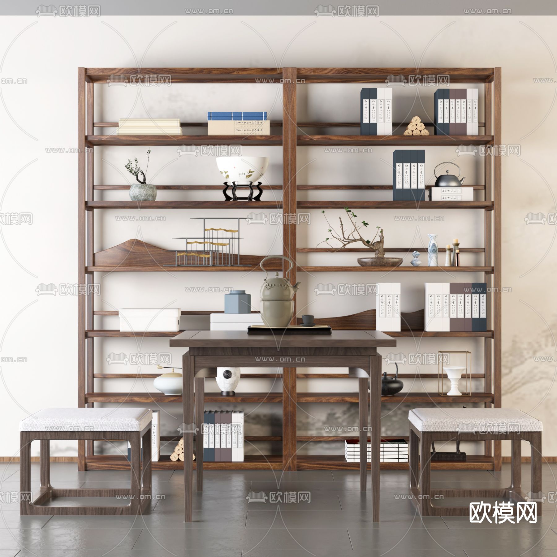 新中式实木书架休闲桌椅3d模型下载