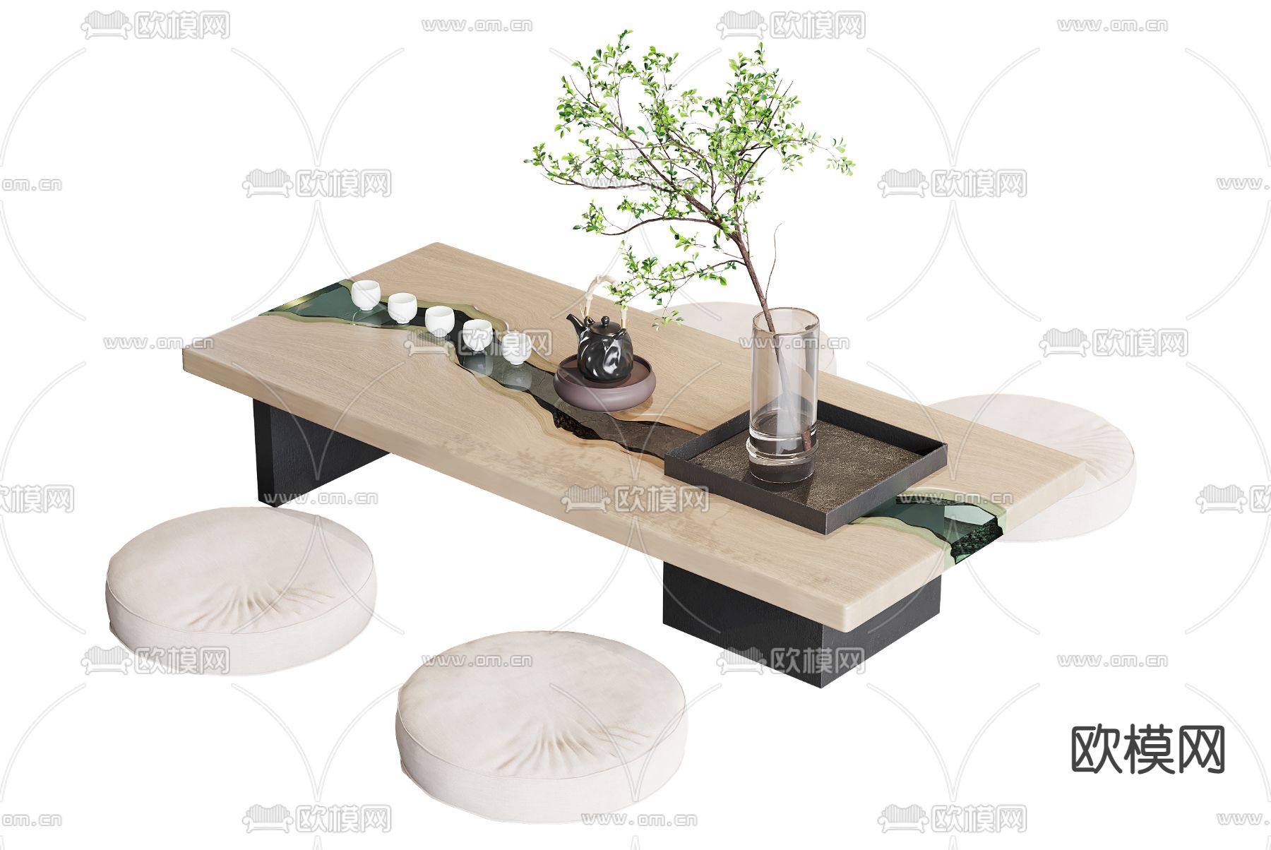 新中式榻榻米茶桌椅3d模型下载（渲染图1）