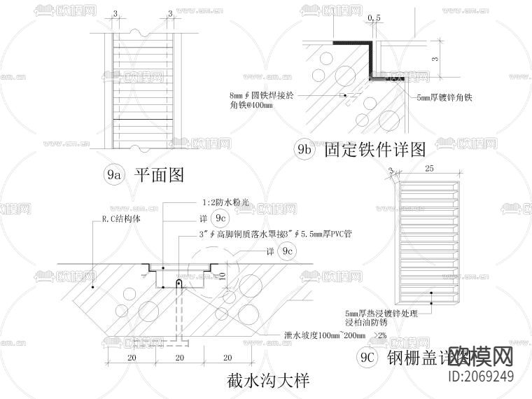 地沟，排水沟，截水沟及盖板节点大样CAD详图下载（渲染图5）