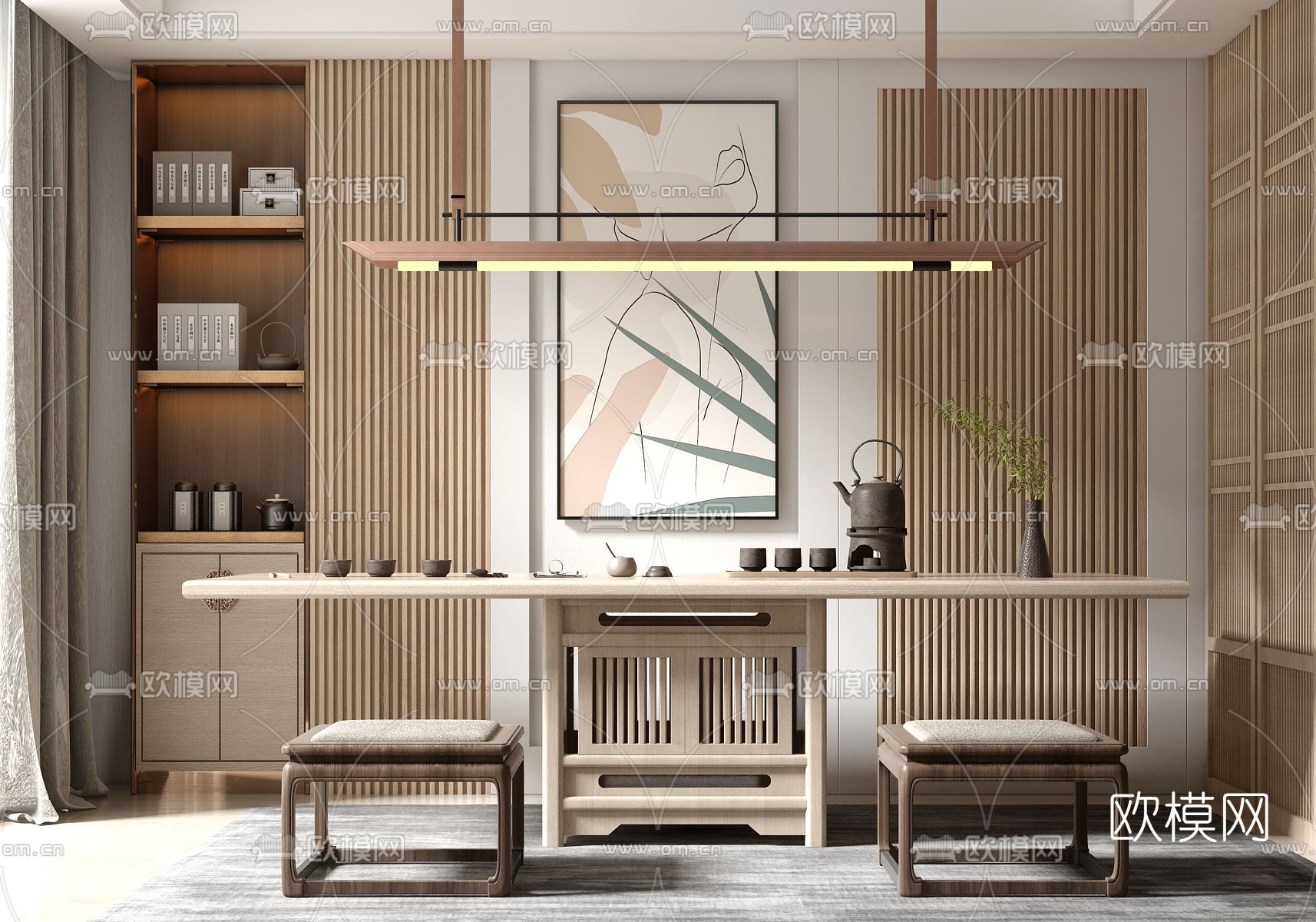 新中式实木茶桌椅3d模型下载