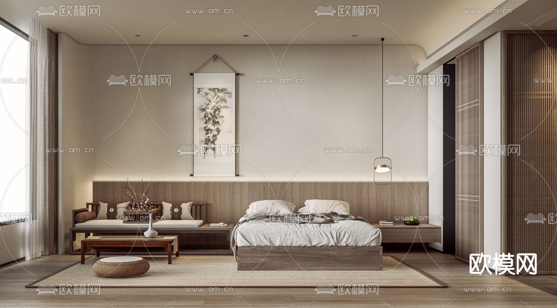 新中式酒店客房su模型下载（渲染图1）