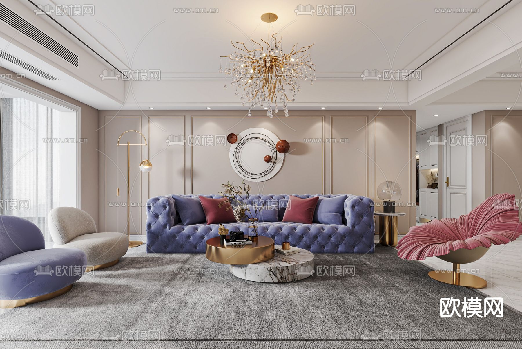 法式布艺沙发组合3d模型下载