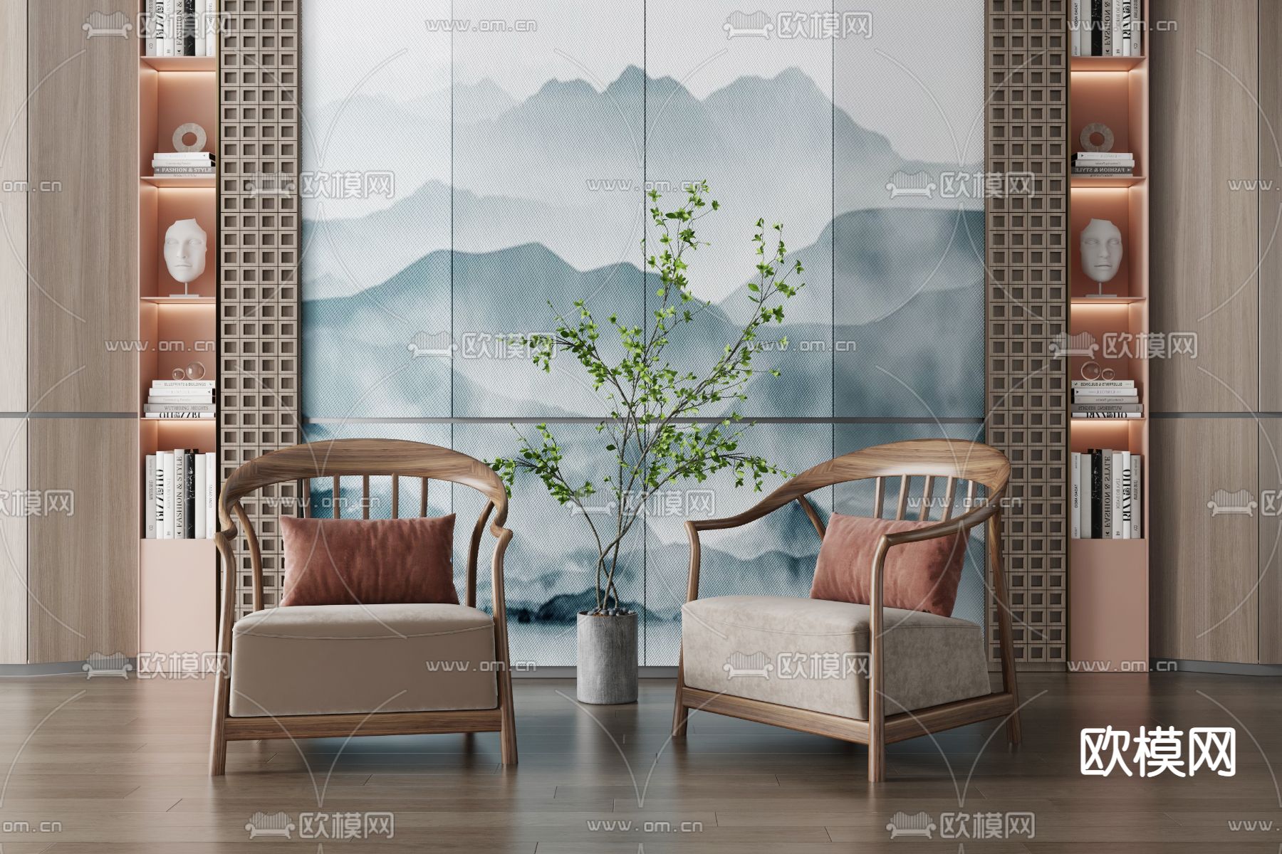 新中式布艺单人沙发3d模型下载