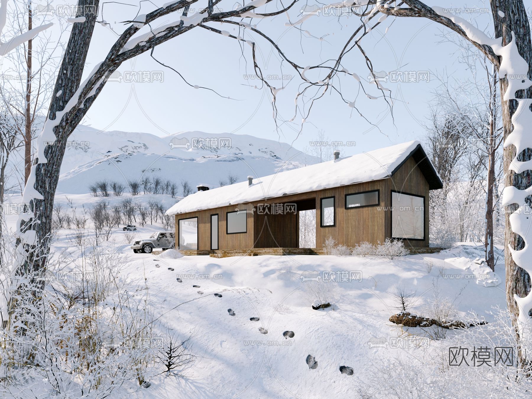 现代雪景木屋建筑外观3d模型下载