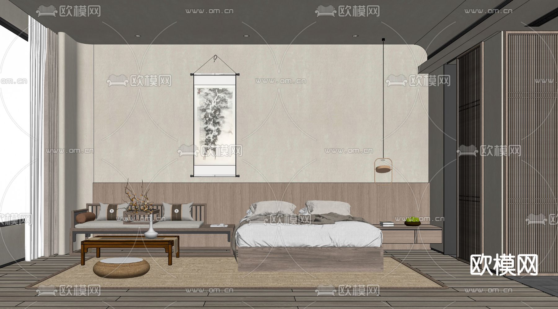 新中式酒店客房su模型下载（渲染图2）