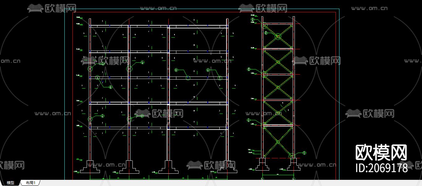 一字型宾馆框架结构CAD建筑图结构图下载（渲染图3）