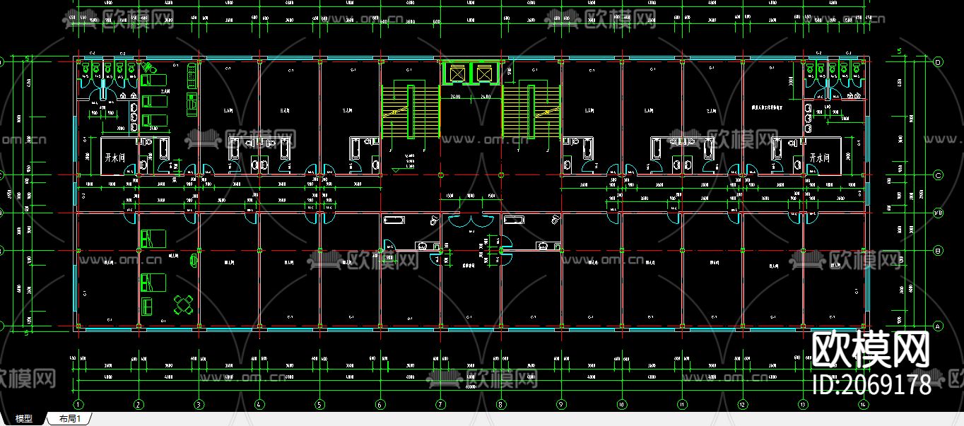 一字型宾馆框架结构CAD建筑图结构图下载（渲染图2）