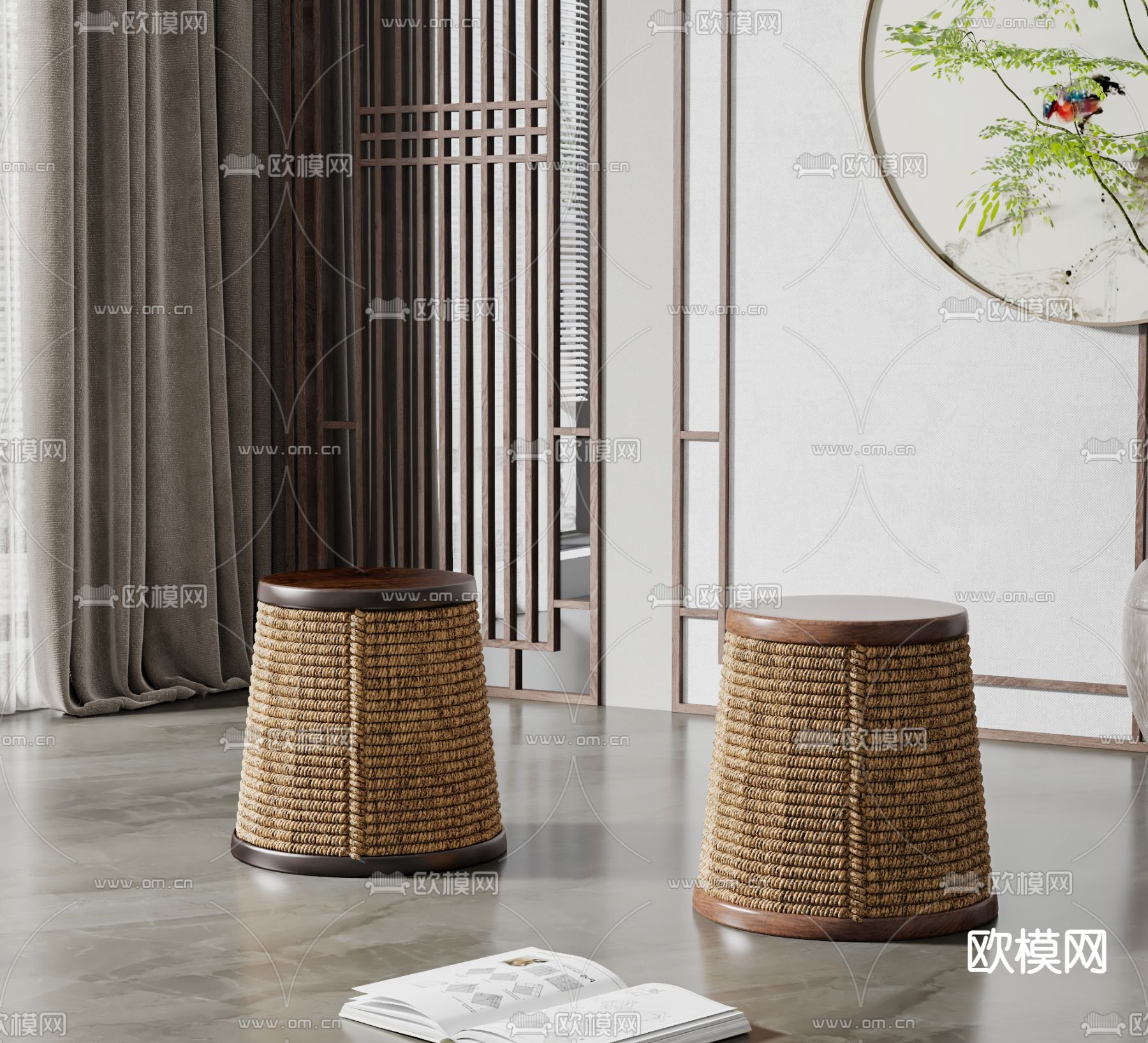 新中式藤编凳子3d模型