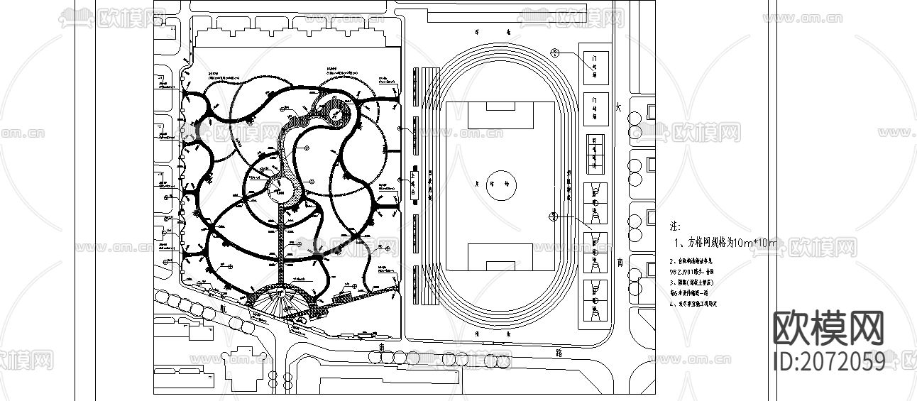 郑飞公园施工CAD总平面图下载（渲染图1）