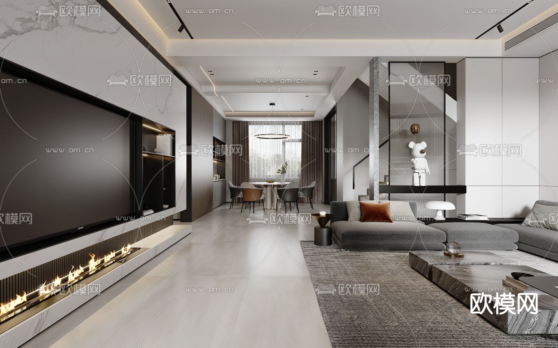 现代复式客厅餐厅3d模型