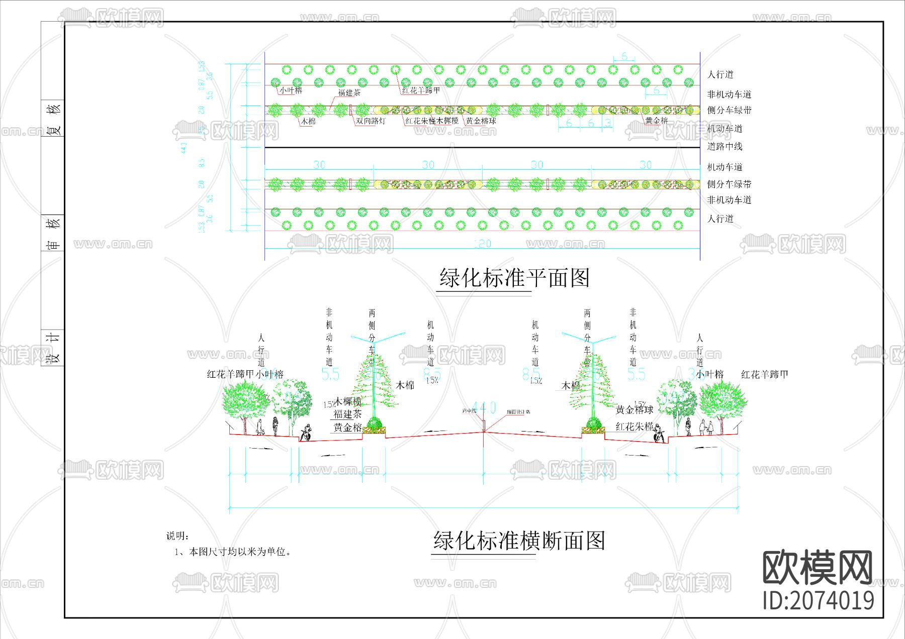 道路绿化标准平面及横断面CAD施工图下载
