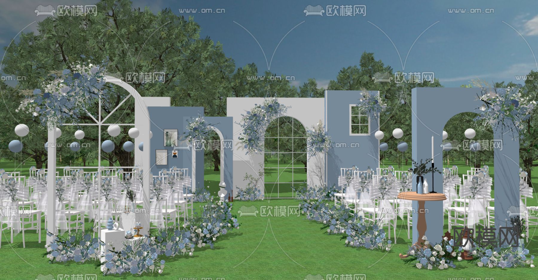现代蓝色户外婚礼su模型下载（渲染图1）