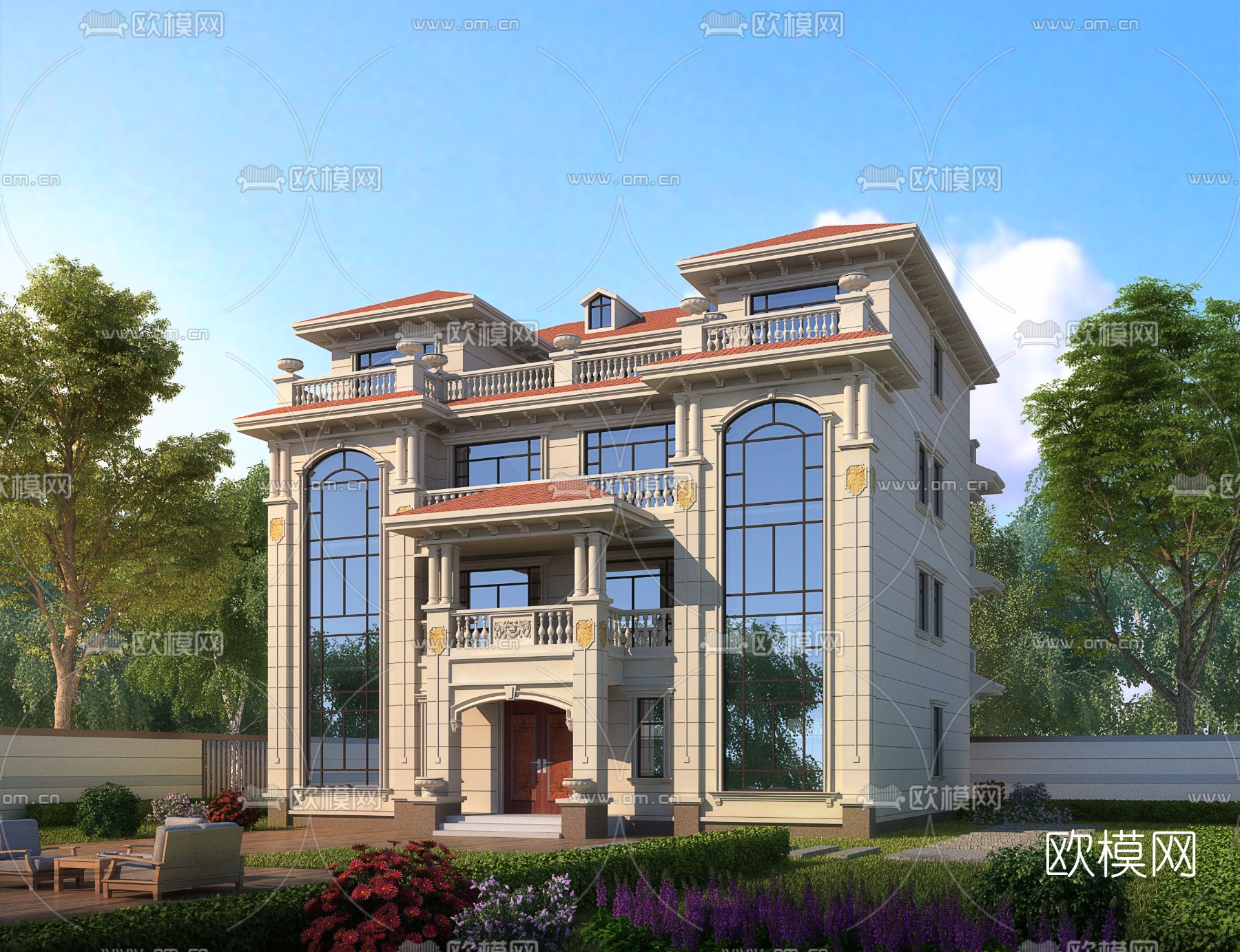 简欧独栋别墅外观3d模型下载