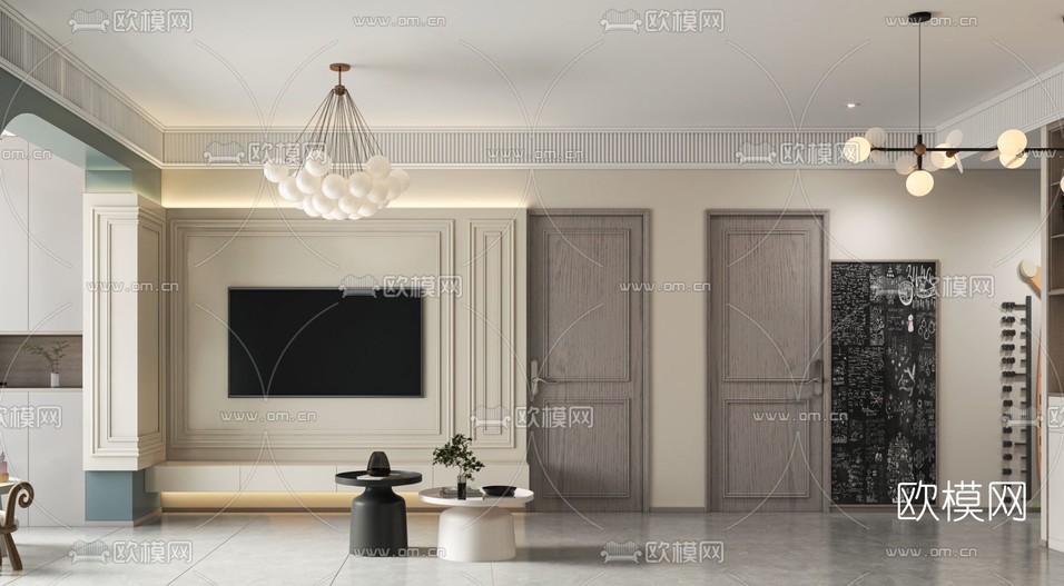 简欧极简客厅餐厅3d模型下载(渲染图2)