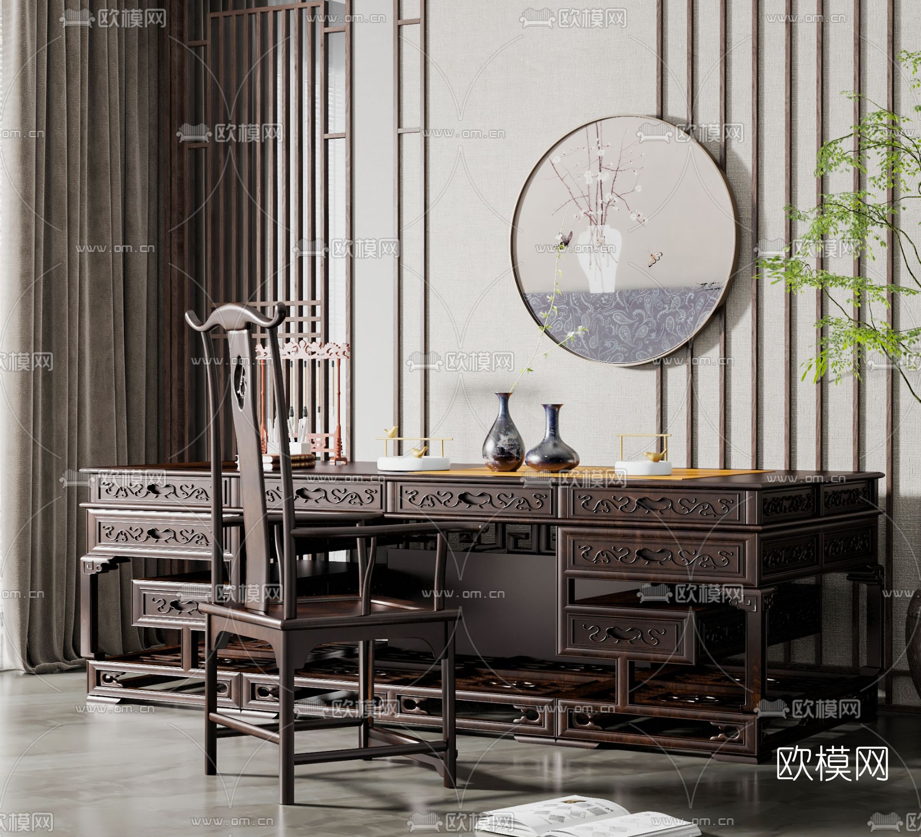 中式实木书桌椅3d模型下载