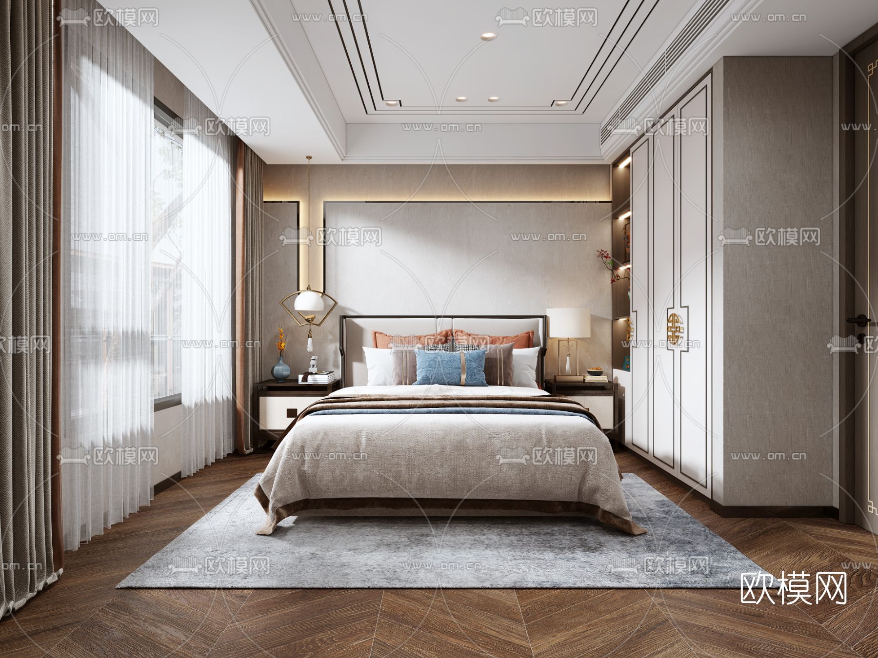 新中式卧室主人房3d模型下载