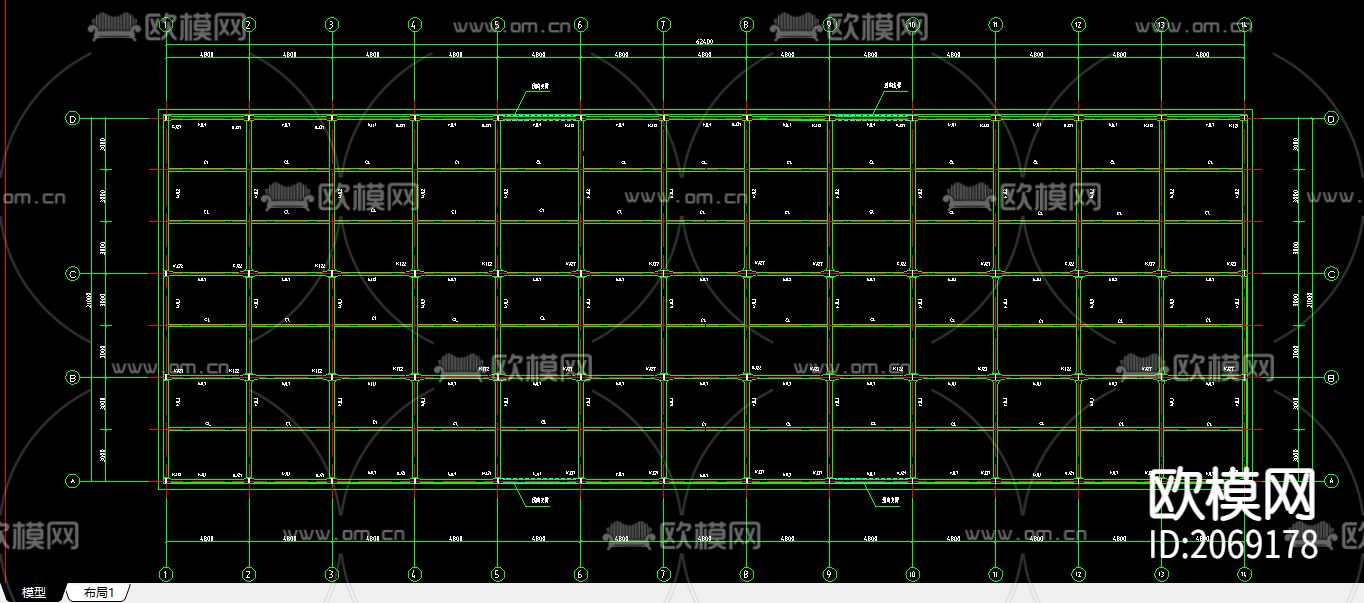 一字型宾馆框架结构CAD建筑图结构图下载（渲染图4）