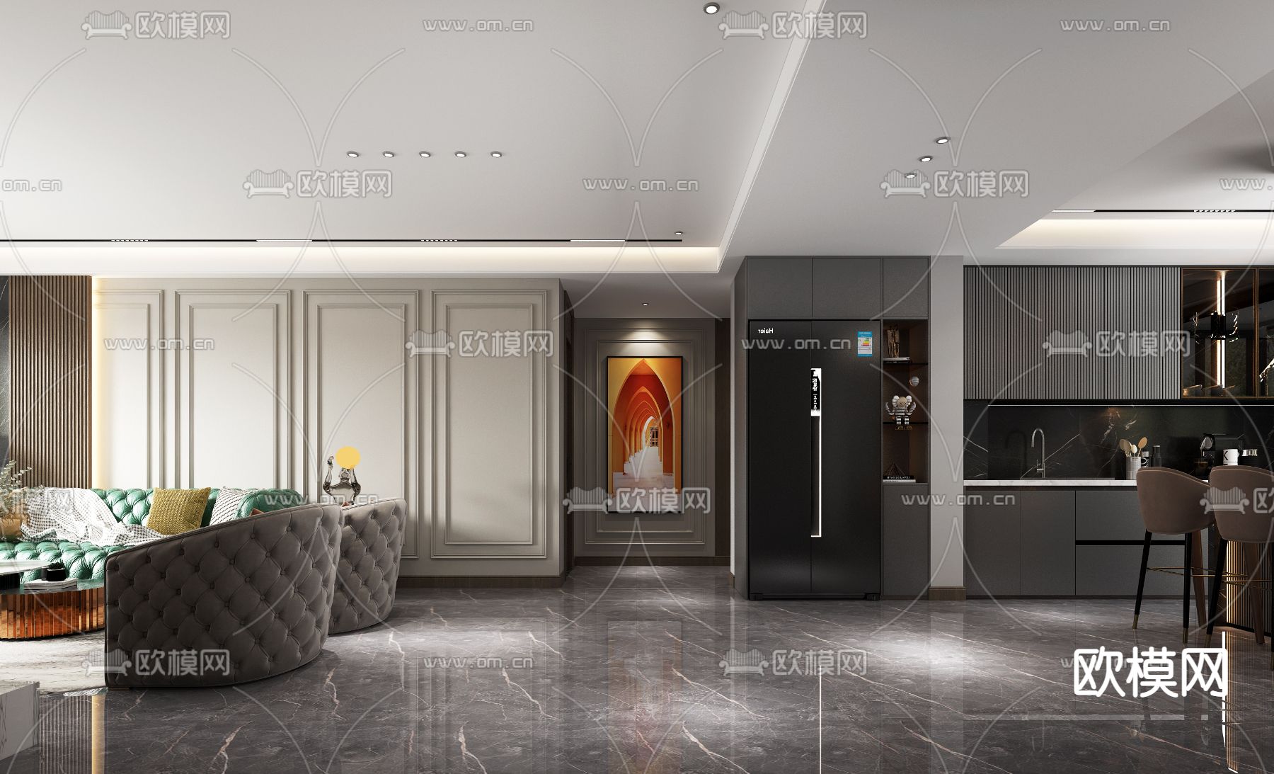 简欧客餐厅免费3d模型下载（渲染图2）