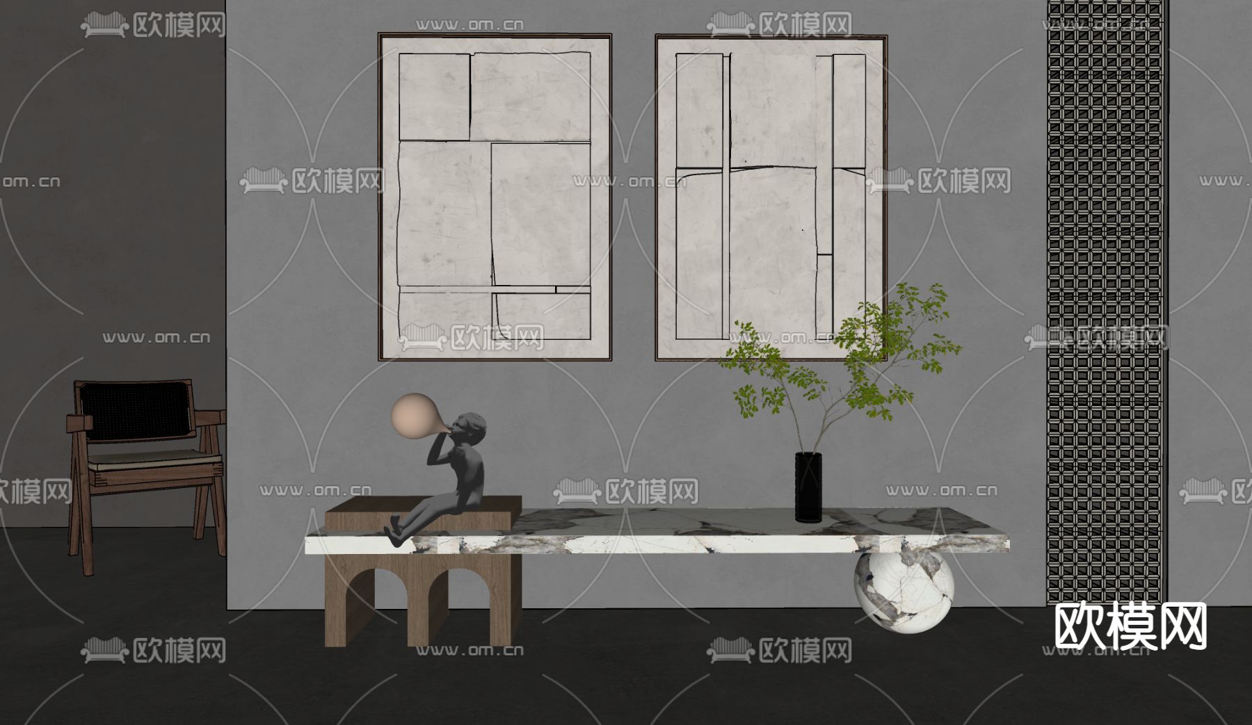 现代挂画茶几su模型下载（渲染图2）